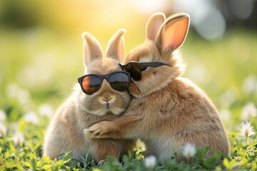 Fototapeta na wymiar Two cute Easter bunnies with sunglasses hugging each other.