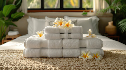 Stack of spa towels with flowers on bed in room, closeup