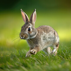 Fototapeta premium Cautious Rabbit Hopping in a Meadow - Grass and Low Perspective