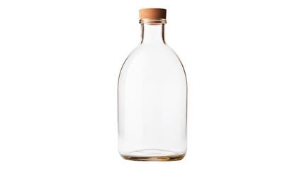A clear glass bottle with a wooden cap, perfect for storing liquids or displaying as a decorative item.