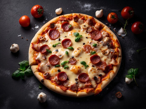 big pizza with tomatos on a black table background. generative ai image.