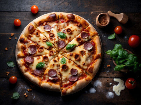 big pizza on a wooden table concrete background. generative ai image.