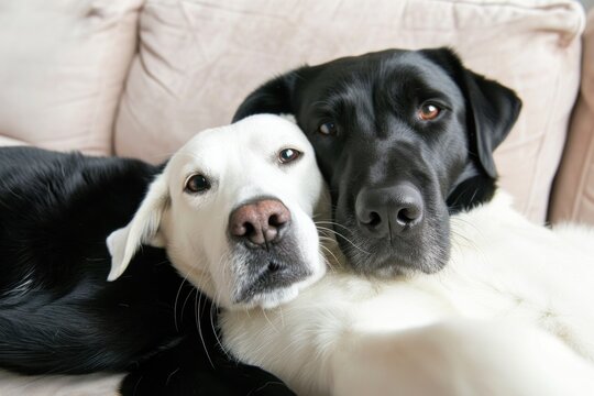 Funny white and black dog best friends taking a selfie shot at home. Best friends concept