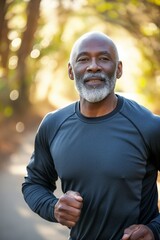 Running clears the mind of all worries. A senior african american man running in park, male exercising in nature.