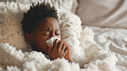 a little african american boy feeling ill in bed at home and blowing his nose. - Powered by Adobe