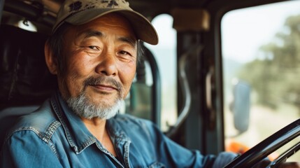 Portrait of confident senior asian male farmer driving farm tractor in sunny day