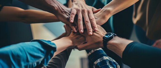 Obraz premium people reaching their hands together for more collaboration in modern office workplace. meaning of cooperation and unity for success. generative AI