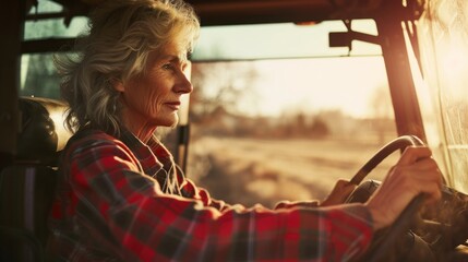 Portrait of confident senior female farmer driving farm tractor in the morning - obrazy, fototapety, plakaty
