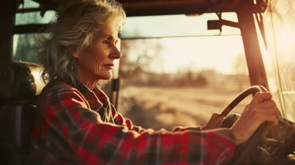 Foto op Aluminium Portrait of confident senior female farmer driving farm tractor in the morning © evgenia_lo