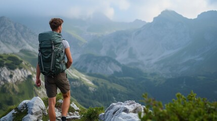 Happy young caucasian man hiking in the mountains.