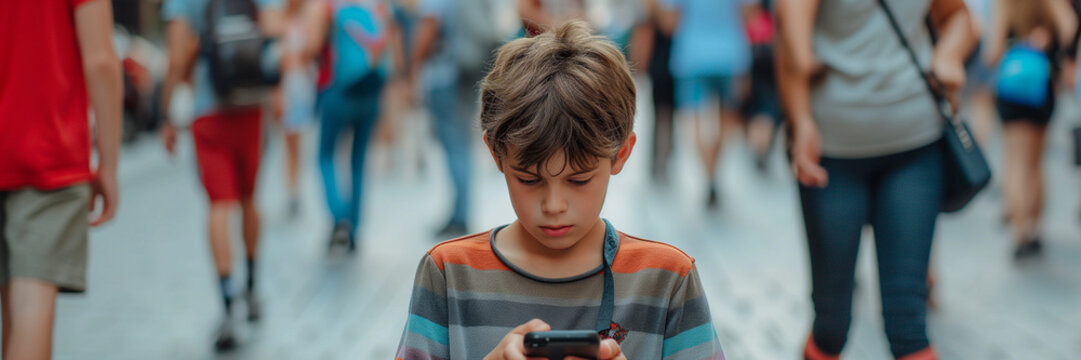 A Child Looking At His Cell Phone Standing Still In The Middle Of The Street, Behind Him People Pass By And Leave Moving, Blurred