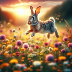 Fototapeta na wymiar Lapin Courant Dans Une Prairie Avec des Fleurs et Un Ciel Magnifiques - Pâques - Printemps - Fête - Mignon