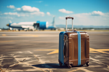 Suitcase on the tarmac of the airport. Travel concept