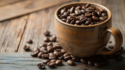 Fototapeta premium Coffee cup and coffee beans on a wooden table and sack background. Ai Generative