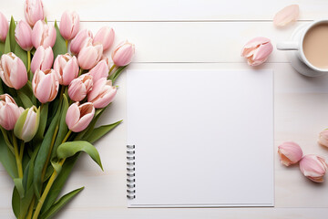 Bouquet of pink tulips, cup of coffee and blank notebook on white wooden background, top view