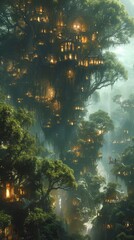 A fantastical landscape with lights and varied structures. 