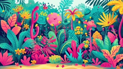 a painting of a tropical scene with flowers and plants in pink, blue, yellow, green, and orange colors, with a blue sky in the back ground.