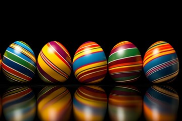 Fototapeta premium A row of intricately painted Easter eggs with reflective surfaces on a dark background