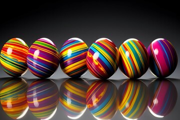 Fototapeta na wymiar A row of intricately painted Easter eggs with reflective surfaces on a dark background