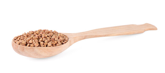 Spoon with raw buckwheat isolated on white