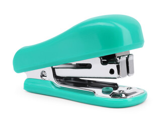 One new turquoise stapler isolated on white