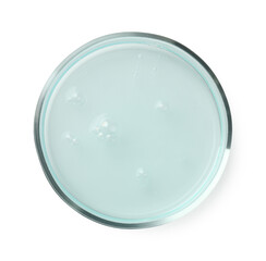 Petri dish with light blue liquid sample on white background, top view