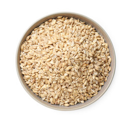 Dry pearl barley in bowl isolated on white, top view