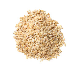Pile of raw pearl barley isolated on white, top view