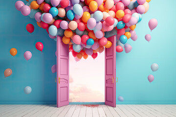 Bright colorful balloons flying through an open door