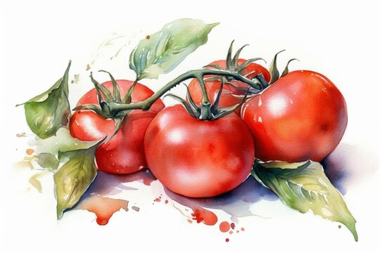 red tomatoes on white, watercolor. Generative AI