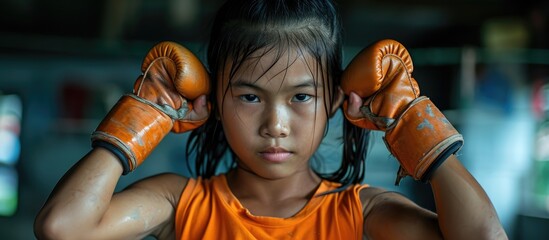 A young Muay Thai beginner prepares to twist and stretch her back and arms before training, with her arms raised and elbows tucked. - obrazy, fototapety, plakaty
