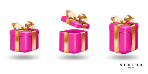 vector illustration set of pink color gift boxes open and closed with golden ribbons bow, isolated on the white background. use for christmas,Valentine's day and birthday concept design.