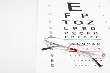 Glasses and vision test chart isolated on white © New Africa