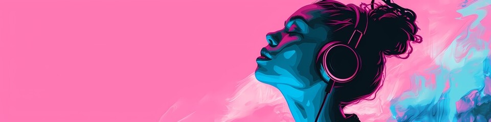 Retro 80s 90s Synthwave style pink and blue woman wearing headphones music concept copy space ultra wide background - Generative ai - obrazy, fototapety, plakaty