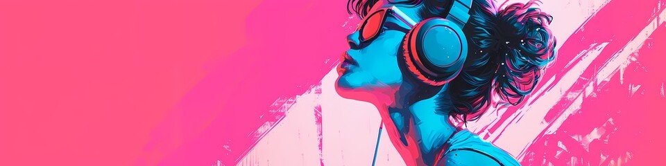 Retro 80s 90s Synthwave style pink and blue woman wearing headphones music concept copy space ultra wide background - Generative ai