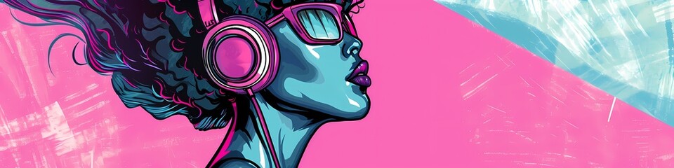 Retro 80s 90s Synthwave style pink and blue woman wearing headphones music concept copy space ultra wide background - Generative ai