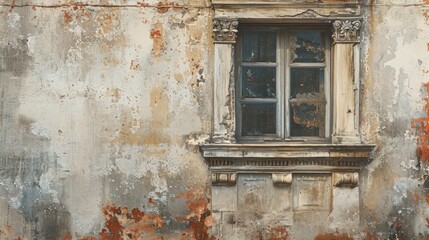  a painting of a window on the side of a building with rusted paint on the walls and the bottom half of the window and bottom half of the wall.