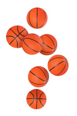 Many basketball balls flying on white background