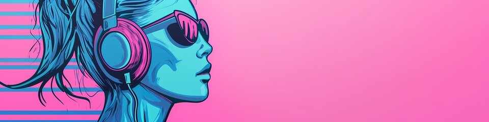 Retro 80s 90s Synthwave style pink and blue woman wearing headphones music concept copy space ultra wide background - Generative ai - obrazy, fototapety, plakaty