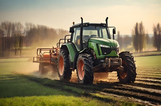 A farmer driving a tractor in a field with sprayer at spring season of agricultural work