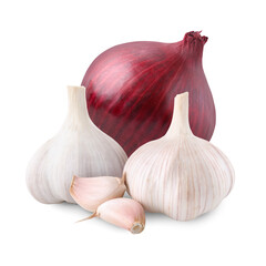Garlic and red onion isolated on white