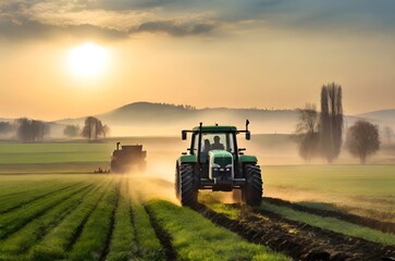 Naklejka premium A farmer driving a tractor in a field with sprayer at spring season of agricultural works at morning in countryside