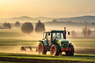 Fototapeta premium A farmer driving a tractor in a field with sprayer at spring season of agricultural works at morning in countryside