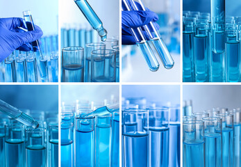 Laboratory glassware with samples and workers, collage