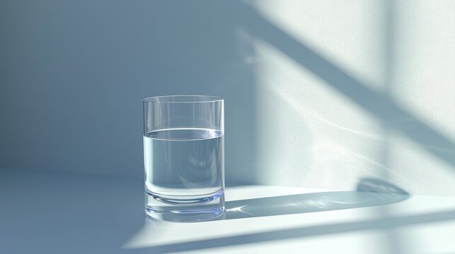  a glass of water sitting on top of a table next to a shadow of a light coming from a window on the wall behind the glass is a shadow of the glass.
