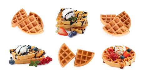 Tasty Belgian waffles isolated on white, collection