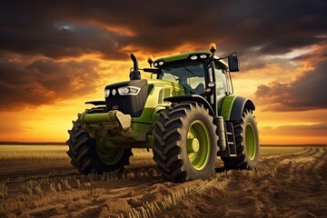 Heavy green tractor on the barley field in golden sky sunset view. Generate AI image