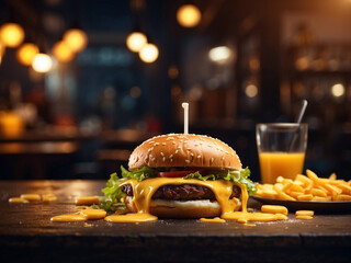 tasty burger with melted cheese and fries with orange drink on a blurred restaurant background. generative ai image.