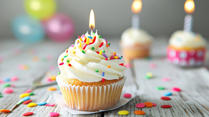 A single birthday cupcake sits in the foreground with a flickering candle on top. Ai Generative