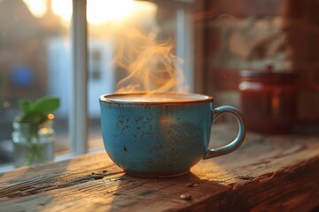 cup of coffee on wooden table, peaceful atmosphere
